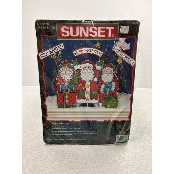 Sunset Other - Vintage 1998 Sunset Counted Cross Stitch Kit "Help Wanted" Santa Trio 18353